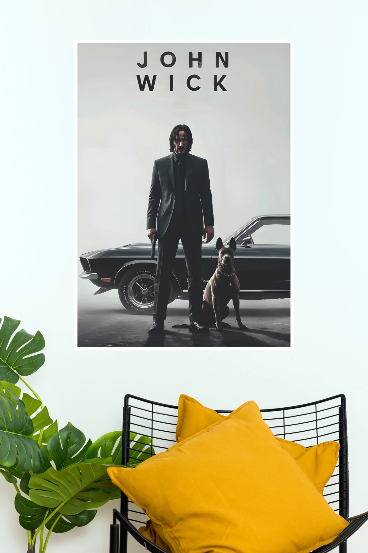 John Wick with Dog & Classic Car Poster – Minimalist Cinematic Wall Art (Hollywood Poster)