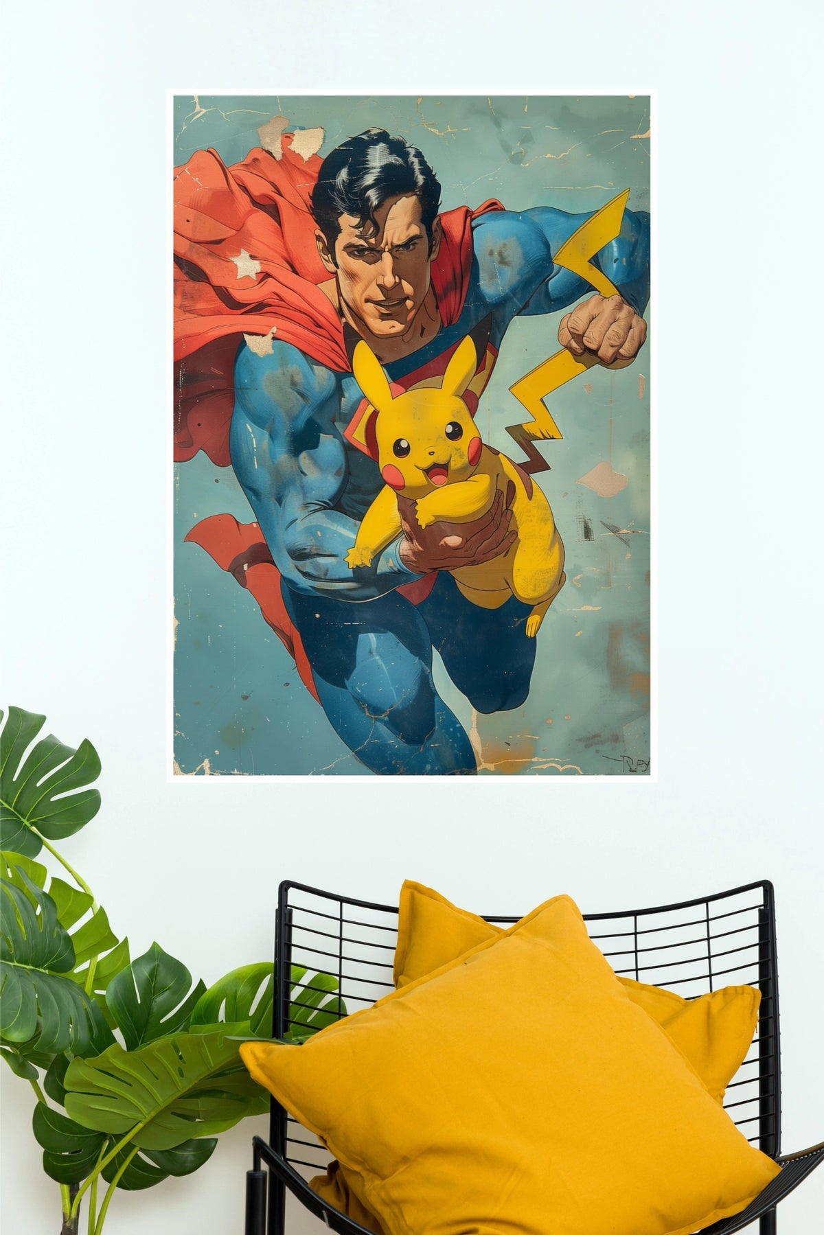 Superman and Pikachu Retro Mashup Graphic Paper Poster (Hollywood Poster)