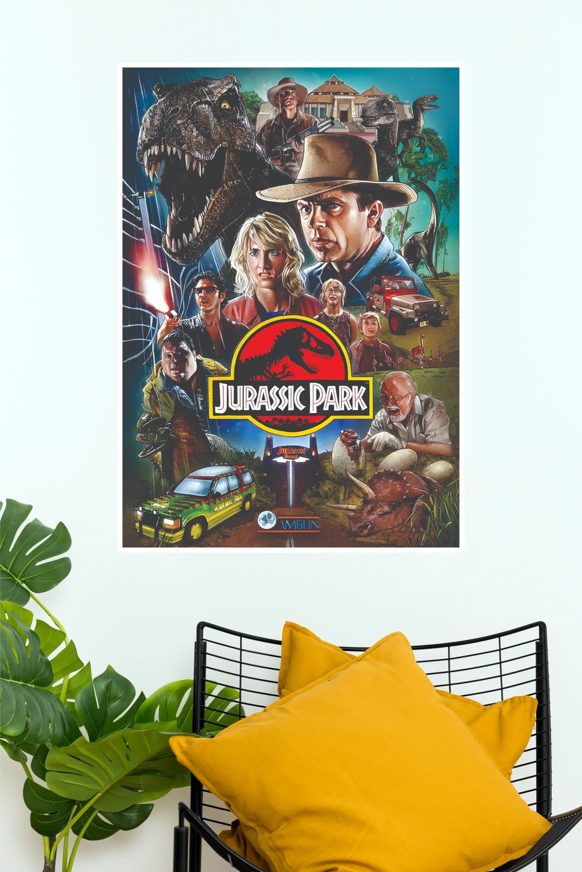 Jurassic Park T-Rex & Ensemble Cast Illustrated Movie Poster (Hollywood Poster)
