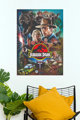 Jurassic Park T-Rex & Ensemble Cast Illustrated Movie Poster (Hollywood Poster)