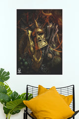 Golden Fantasy Warrior Helmet Poster – Dark Medieval Armor Wall Art  (Super Hero Poster)