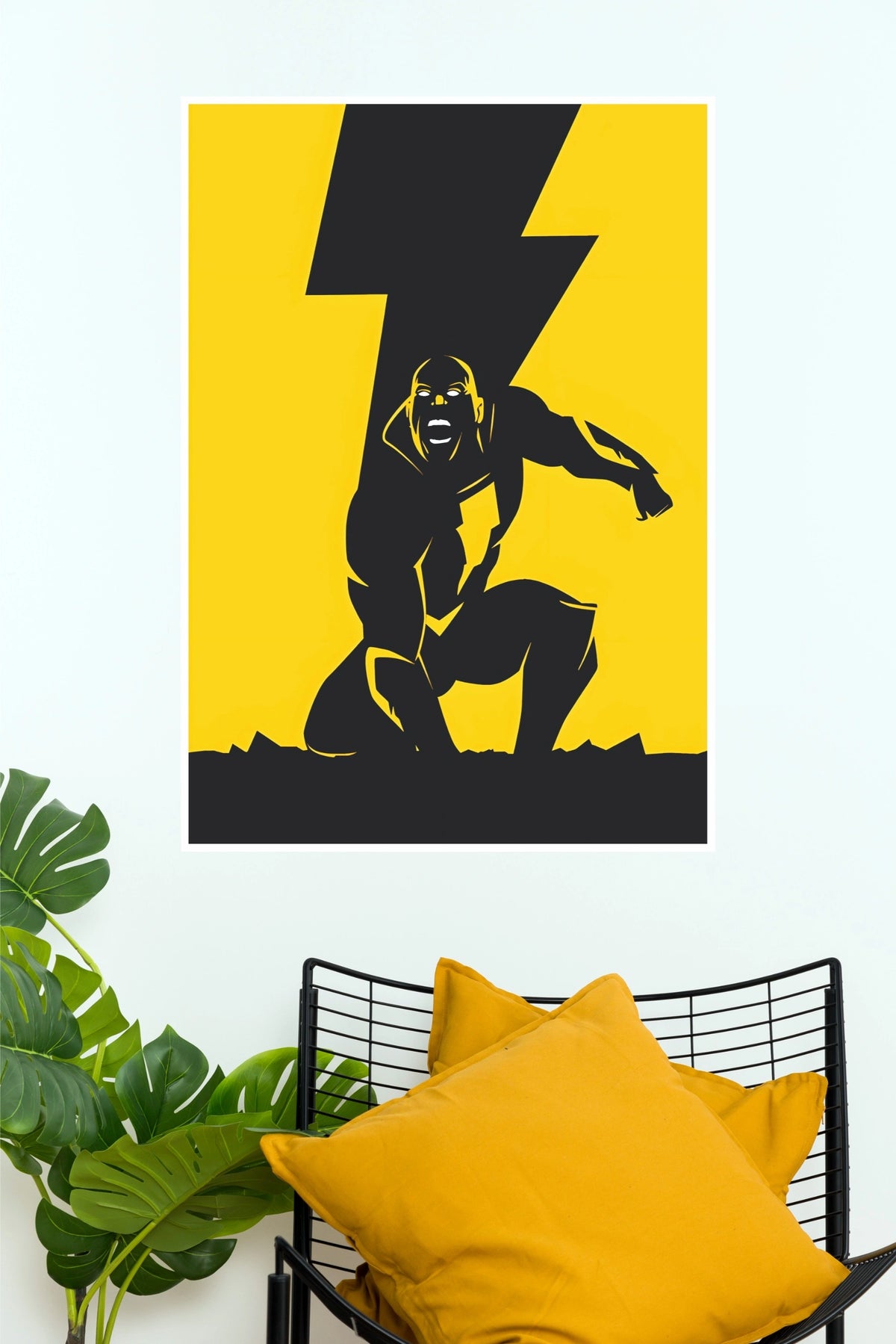 Black Adam Lightning Silhouette Poster – Bold Yellow & Black Superhero Wall Art (Super Hero Poster)