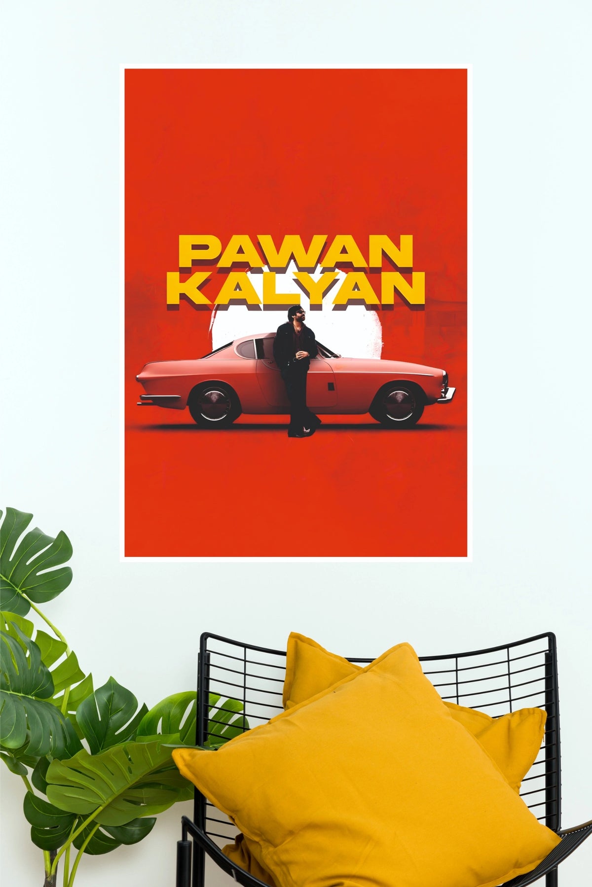 Pawan Kalyan Vintage Car Poster – Bold Red Retro Movie Wall Art  (Tollywood Poster)