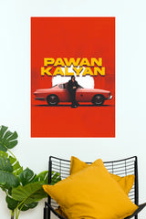 Pawan Kalyan Vintage Car Poster – Bold Red Retro Movie Wall Art  (Tollywood Poster)