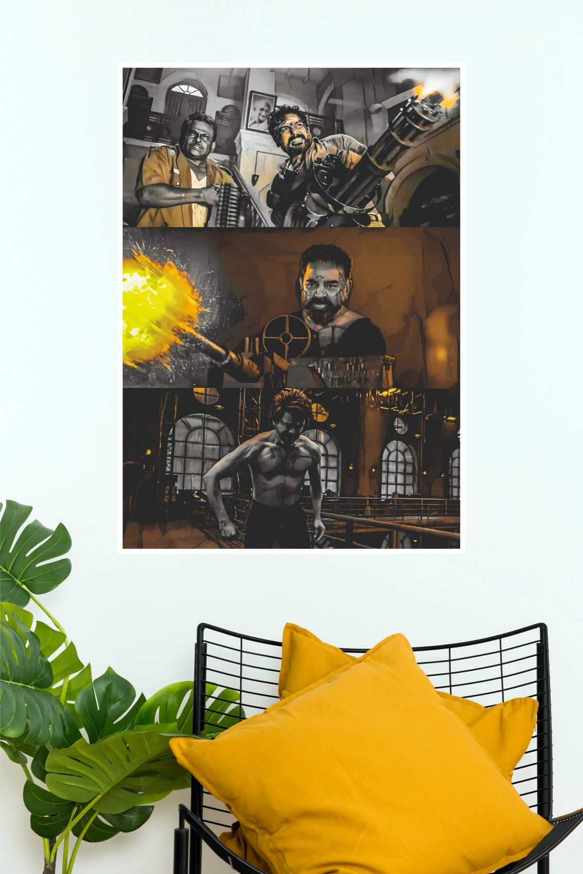 Kamal Haasan Action Trio Collage Poster – Machine Gun & Retro Cinematic Paper Print  (Tollywood Poster)