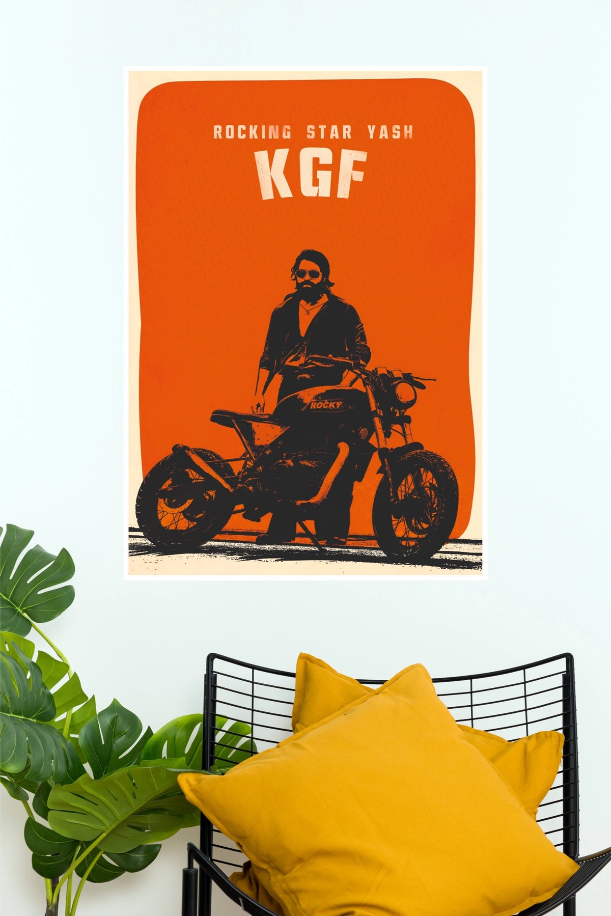 KGF Rocking Star Yash Bike Stance Poster – Retro Orange Minimalist Paper Print (Tollywood Poster)