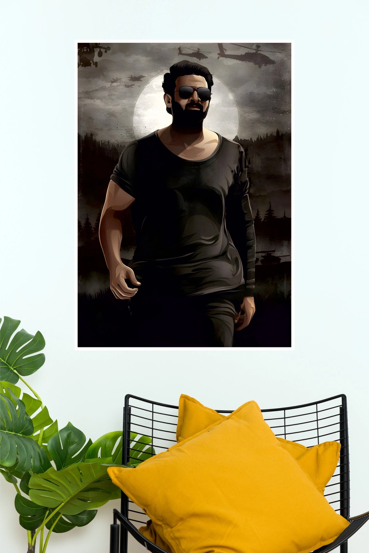 Salaar Prabhas Sunglasses Vector Art Poster – Full Moon Helicopter Night Paper Print   (Tollywood Poster)