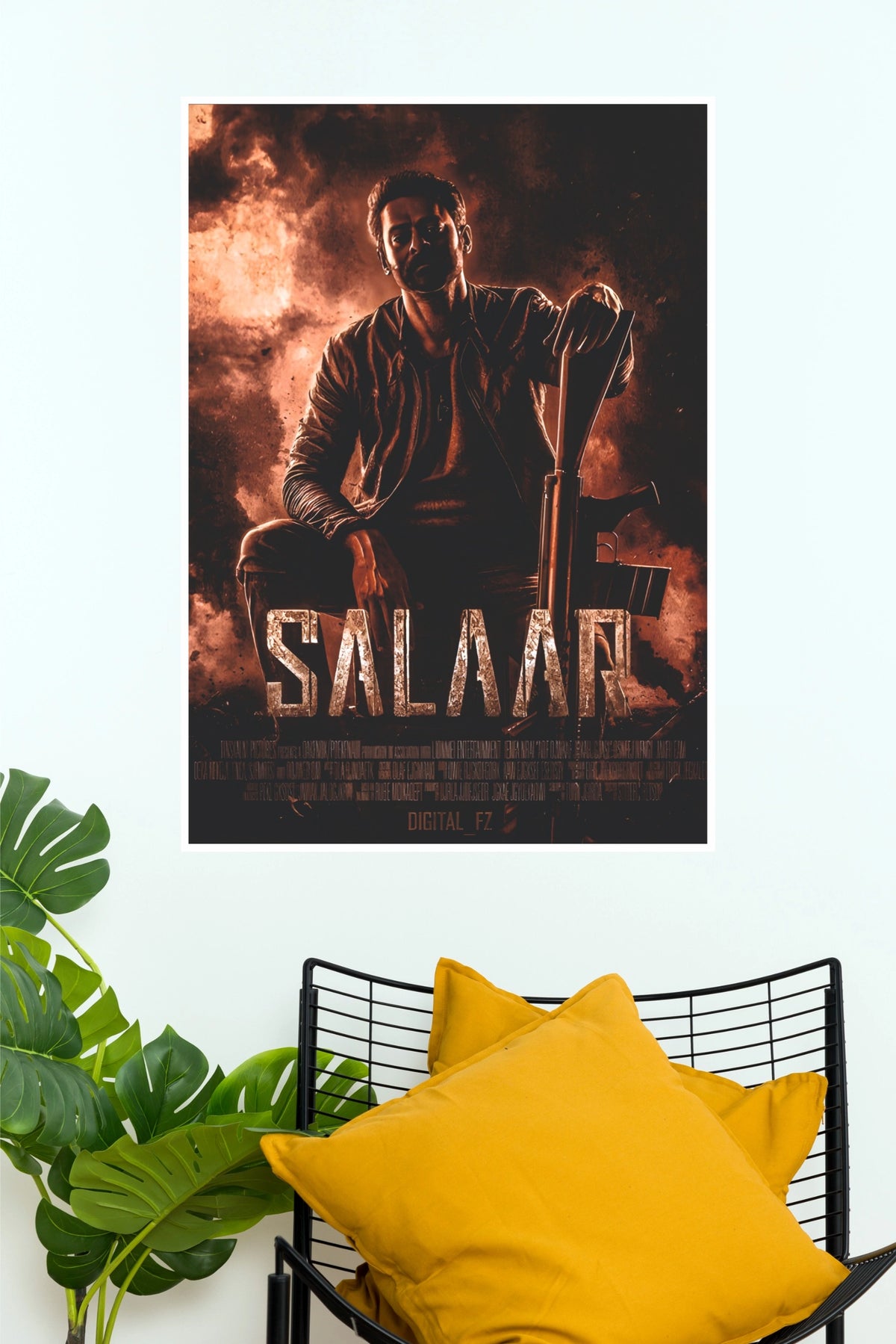 Salaar Prabhas Seated Rifle Poster – Fiery Explosion Action Paper Print  (Tollywood Poster)