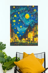 Starry Night Street Scene Wall Art – Impressionist European Cityscape Paper Poster(Moon Light Sky Poster)