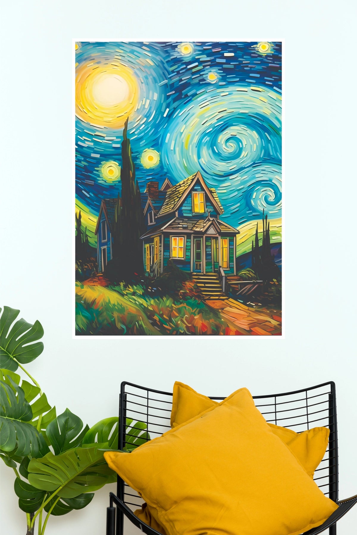 Starry Night Country House Wall Art – Impressionist Cottage Landscape Paper Poster(Moon Light Sky Poster)