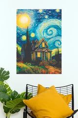 Starry Night Country House Wall Art – Impressionist Cottage Landscape Paper Poster(Moon Light Sky Poster)
