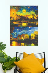 Starry Night Dual Landscape Wall Art – Impressionist European Village & River Paper Poster(Moon Light Sky Poster)