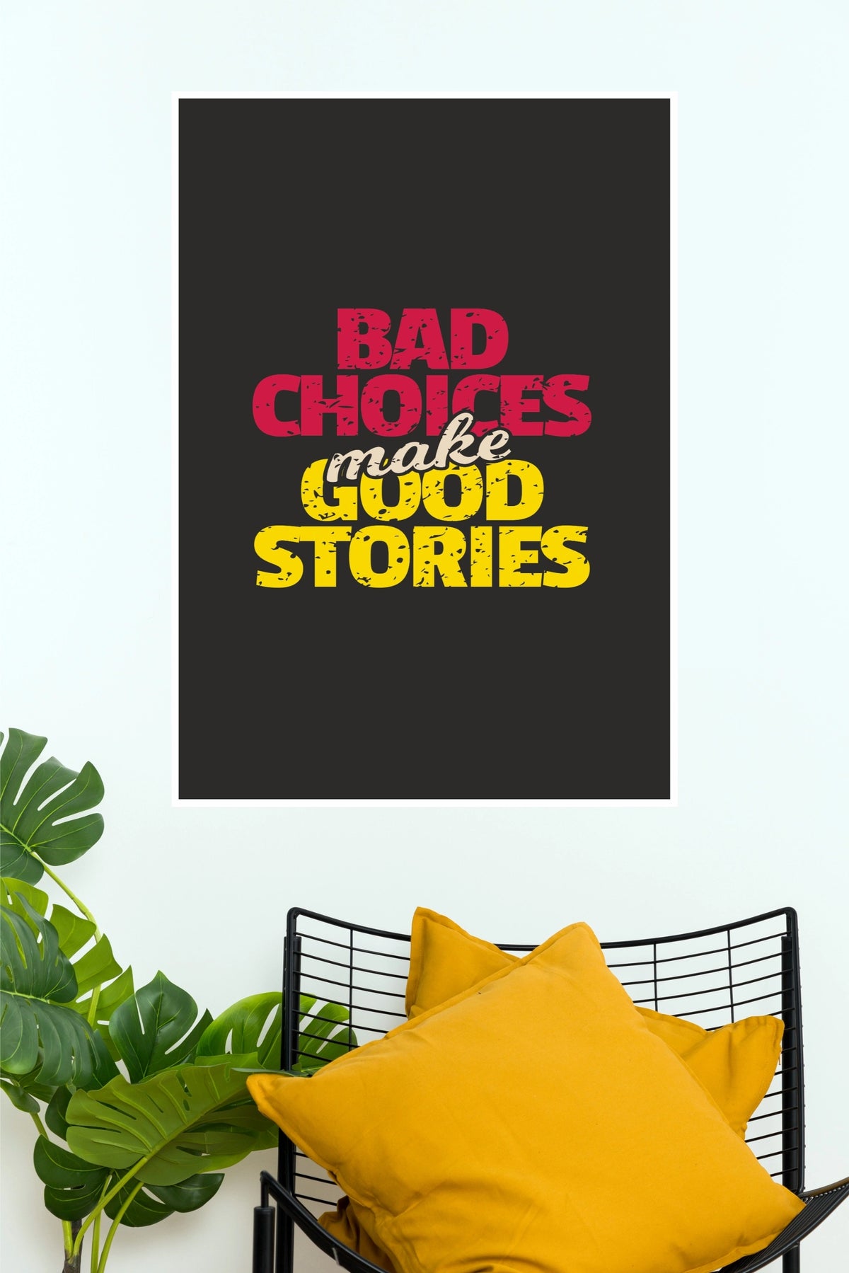 "Bad Choices Make Good Stories" Distressed Typography Poster – Red & Yellow Motivational Quote Wall Art for Bar, Dorm & Bedroom Decor (Gym And Motivational Poster)