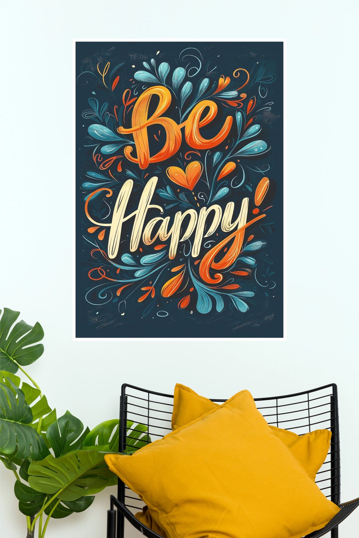 "Be Happy" Floral Typography Poster – Vibrant Calligraphy Inspirational Wall Art for Living Room, Bedroom & Office Decor(Gym And Motivational Poster)