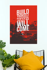 "Build Yourself Success Will Come" Bold Red Urban Typography Poster – Motivational Hustle Wall Art for Office, Home Gym & Bedroom Decor (Gym And Motivational Poster)
