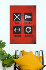 "Eat Sleep Train Repeat" Red Grunge Fitness Poster – Gym Motivational Icon Wall Art for Home Gym, Workout Room & Bedroom Decor (Gym And Motivational Poster)