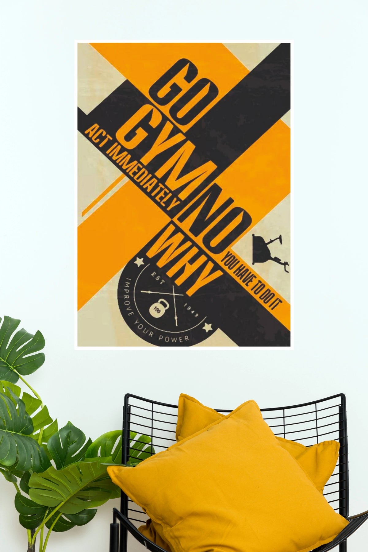"GO GYM" Retro Yellow Geometric Fitness Poster – Bold Workout Motivation Wall Art for Home Gym, Exercise Room & Bedroom Decor (Gym And Motivational Poster)