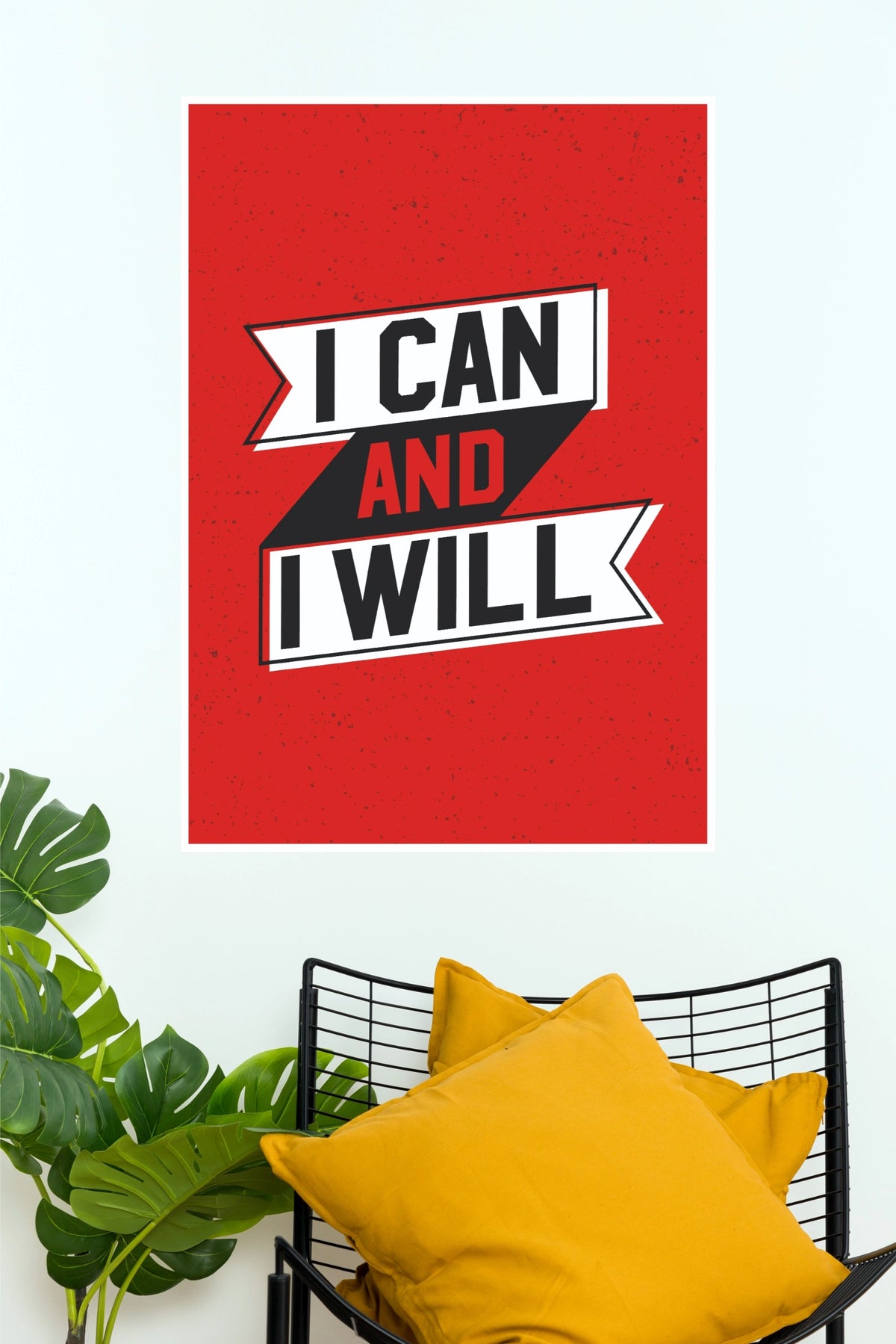 "I Can And I Will" Bold Ribbon Banner Poster – Red, Black & White Motivational Wall Art for Home Gym, Office & Study Room Decor (Gym And Motivational Poster)