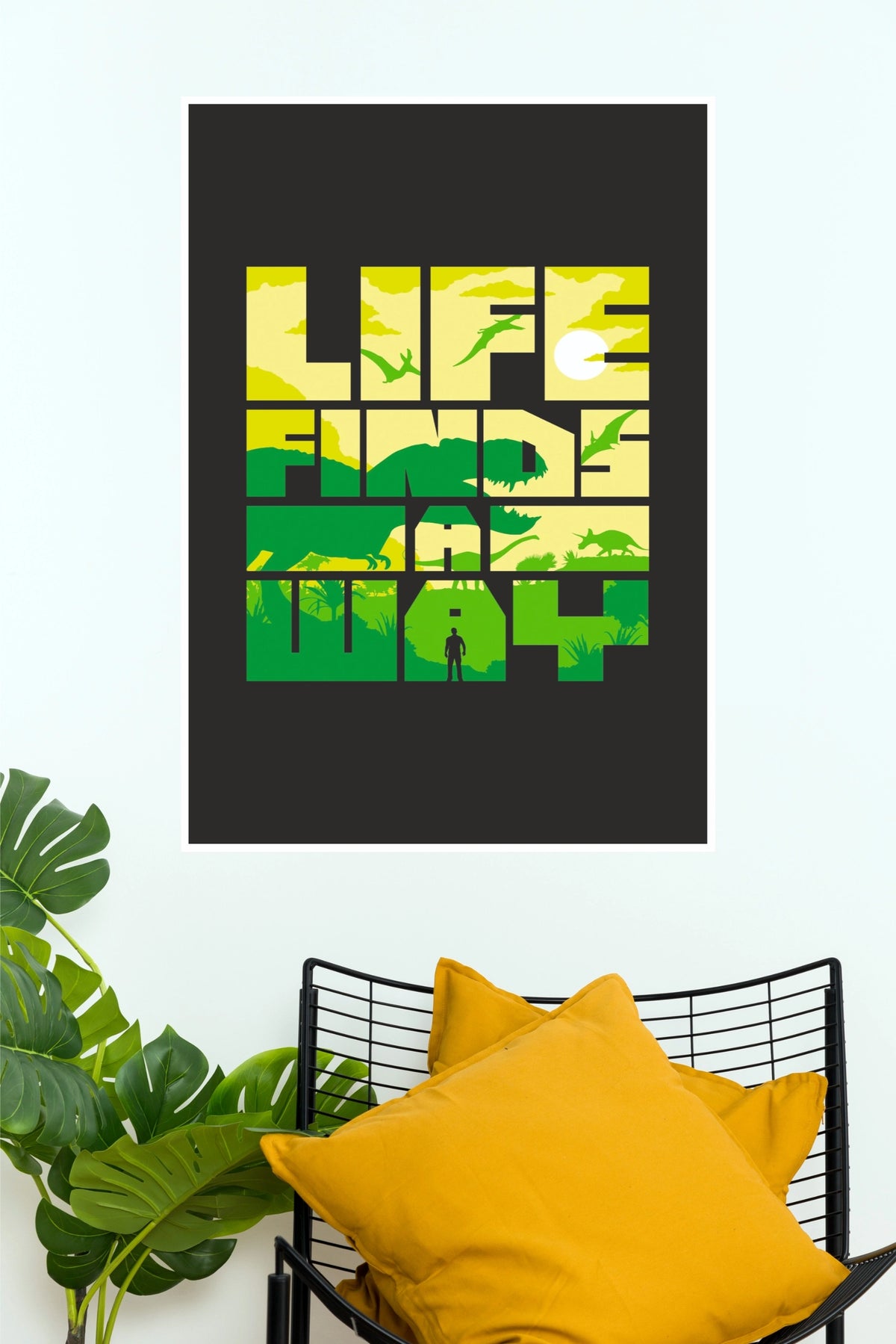"Life Finds A Way" Jurassic Park Inspired Silhouette Typography Poster – Green & Yellow Dinosaur Graphic Wall Art for Movie Room, Kids Bedroom & Man Cave Decor (Gym And Motivational Poster)