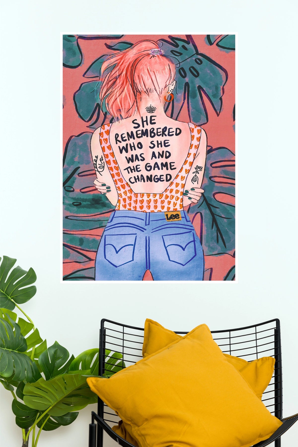 "She Remembered Who She Was And The Game Changed" Feminist Art Poster – Pink Girl Power Back Tattoo Illustration Wall Art for Bedroom, Office & Living Room Decor (Gym And Motivational Poster)