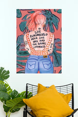 "She Remembered Who She Was And The Game Changed" Feminist Art Poster – Pink Girl Power Back Tattoo Illustration Wall Art for Bedroom, Office & Living Room Decor (Gym And Motivational Poster)