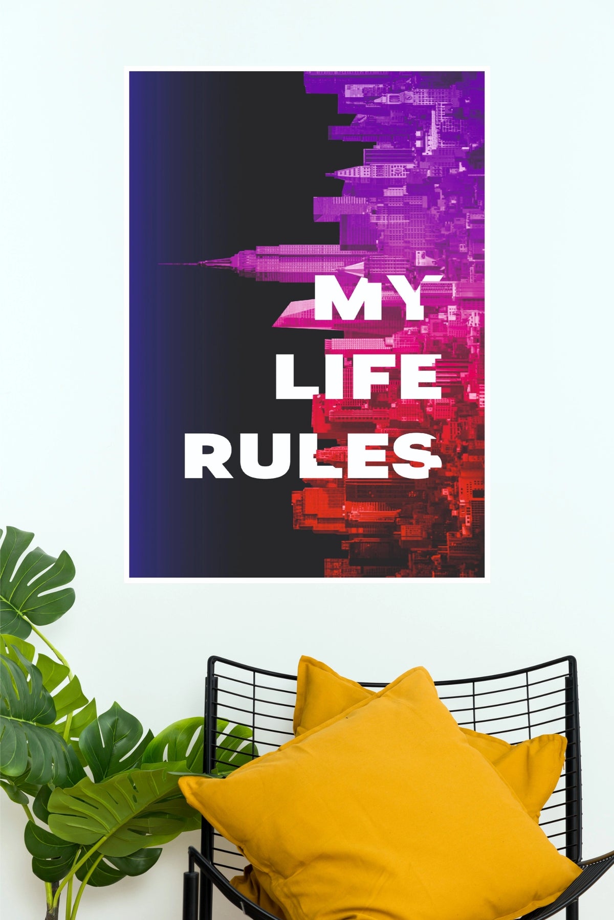"My Life Rules" Neon City Skyline Poster – Vertical Cityscape Gradient Typography Wall Art for Bedroom, Living Room & Office Decor(Gym And Motivational Poster)