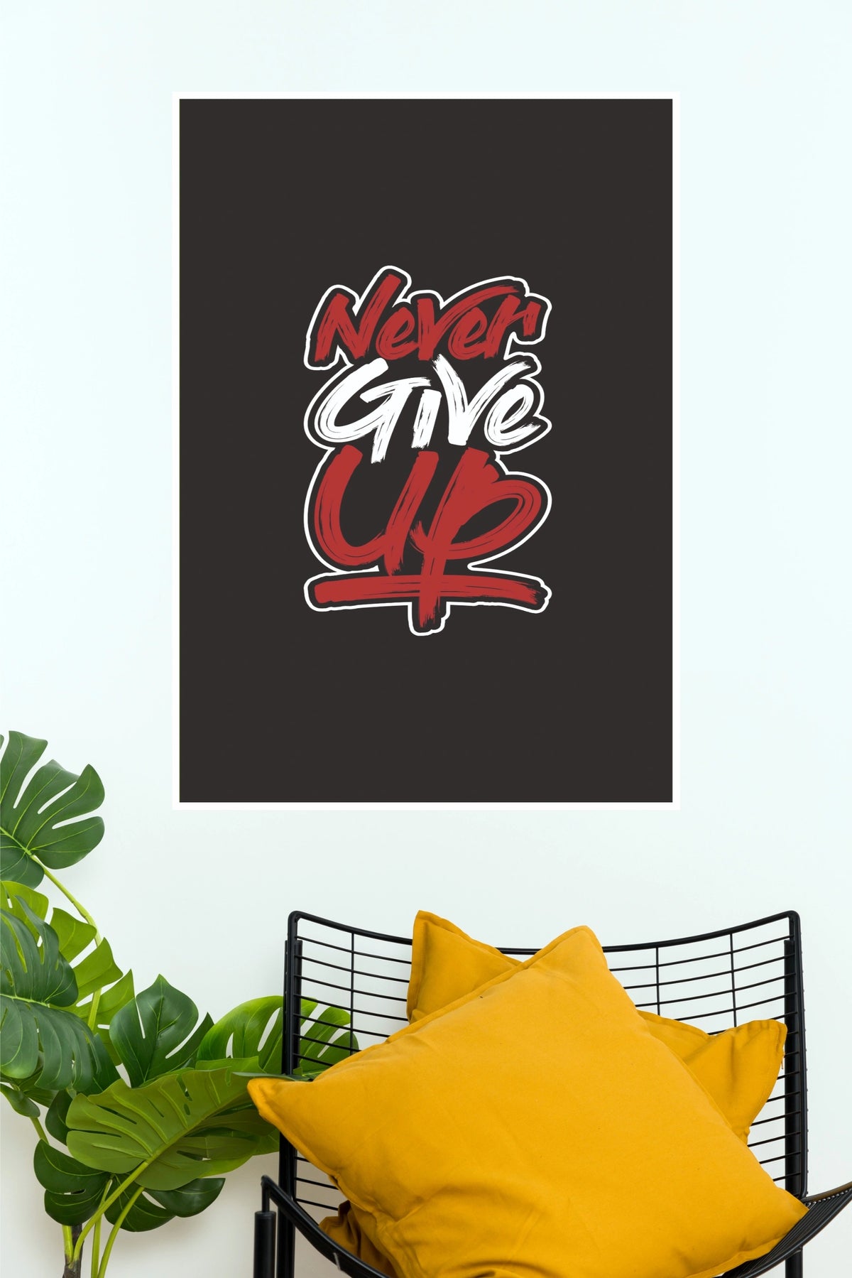 "Never Give Up" Bold Brush Script Typography Poster – Motivational Red & White Wall Art for Gym, Office & Bedroom Decor (Gym And Motivational Poster)