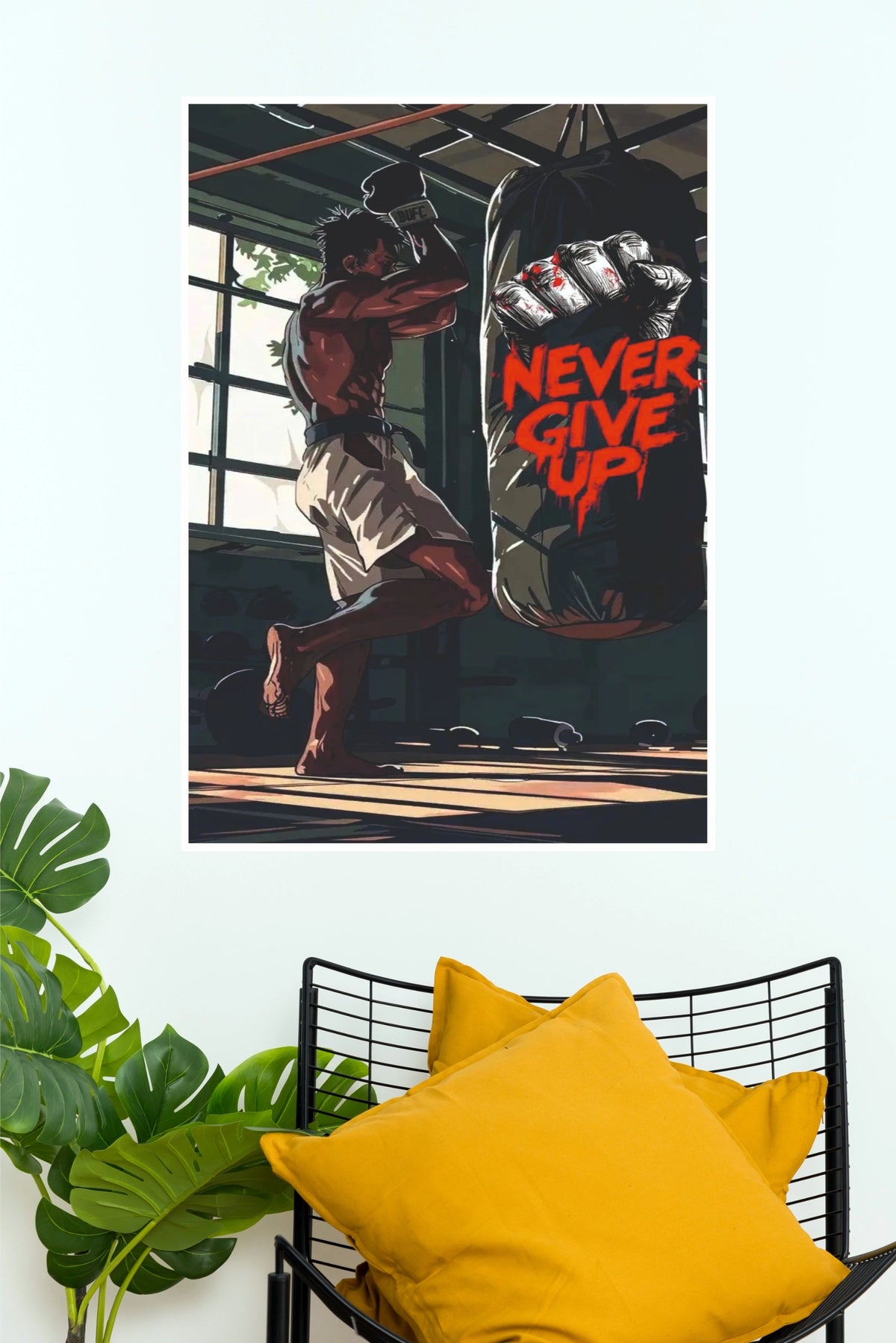 "Never Give Up" Martial Arts Fighter Poster – Intense Boxing & Heavy Bag Wall Art for Home Gym, Workout Room & Bedroom Decor (Gym And Motivational Poster)