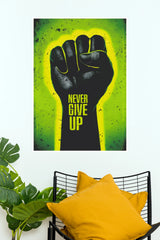 "Never Give Up" Raised Fist Motivation Poster – Neon Green Glow Power Symbol Wall Art for Gym, Office & Bedroom Decor (Gym And Motivational Poster)
