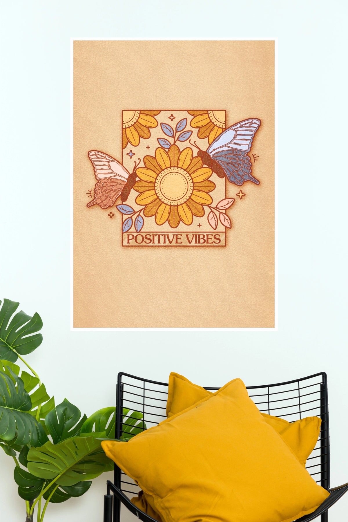 "Positive Vibes" Boho Sunflower & Butterfly Wall Poster  (Gym And Motivational Poster)