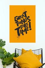 Great Things Take Time Quote Poster – Bold Yellow Typography Wall Art for Office, Gym & Study Decor  (Gym And Motivational Poster)