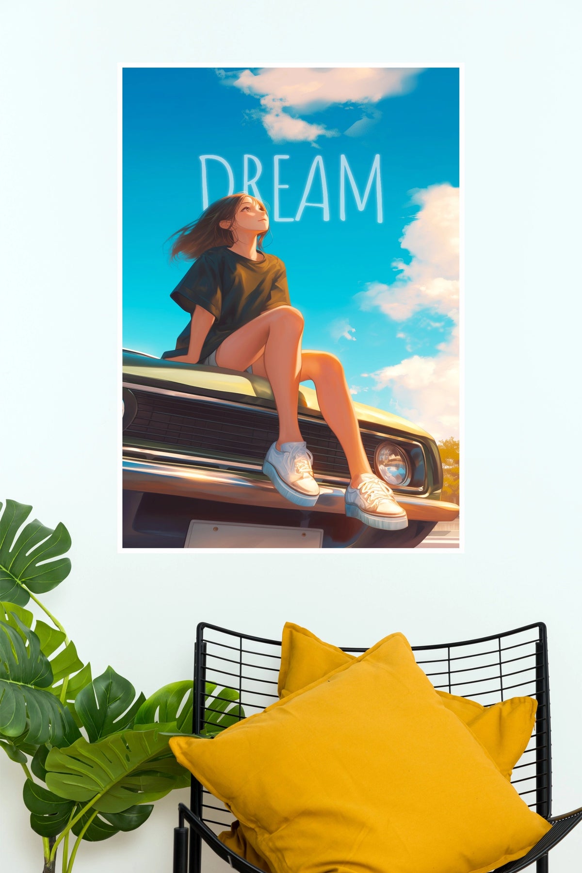 Girl Sitting on Classic Car "Dream" Aesthetic Wall Art Paper Poster(Love Posters)