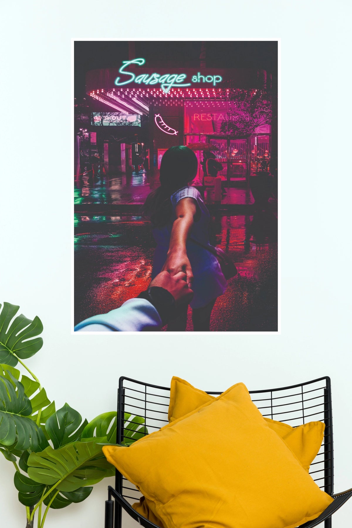 Neon City Follow Me Couple Holding Hands Wall Art Paper Poster(Love Posters)
