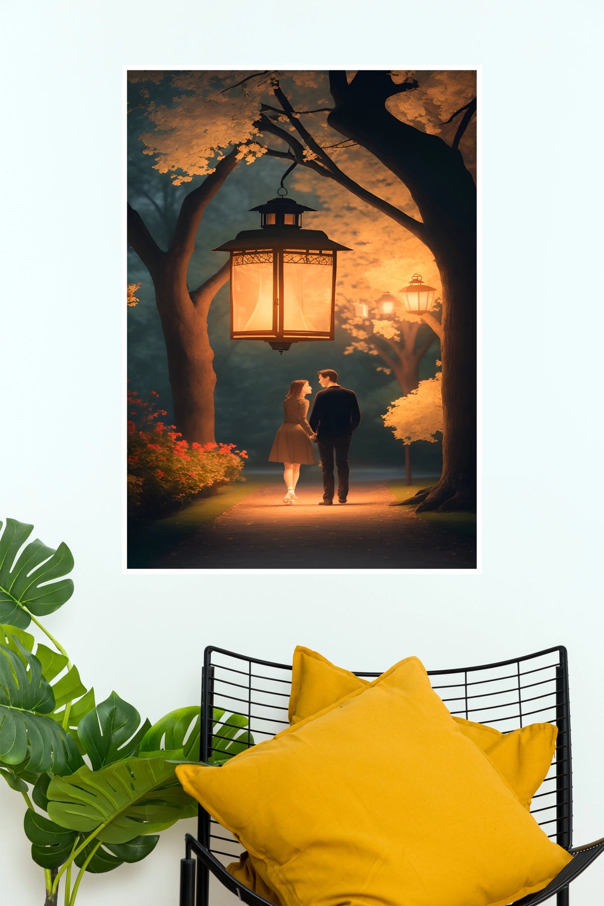 Romantic Couple Walking Under Lantern Light Wall Art Paper Poster(Love Posters)