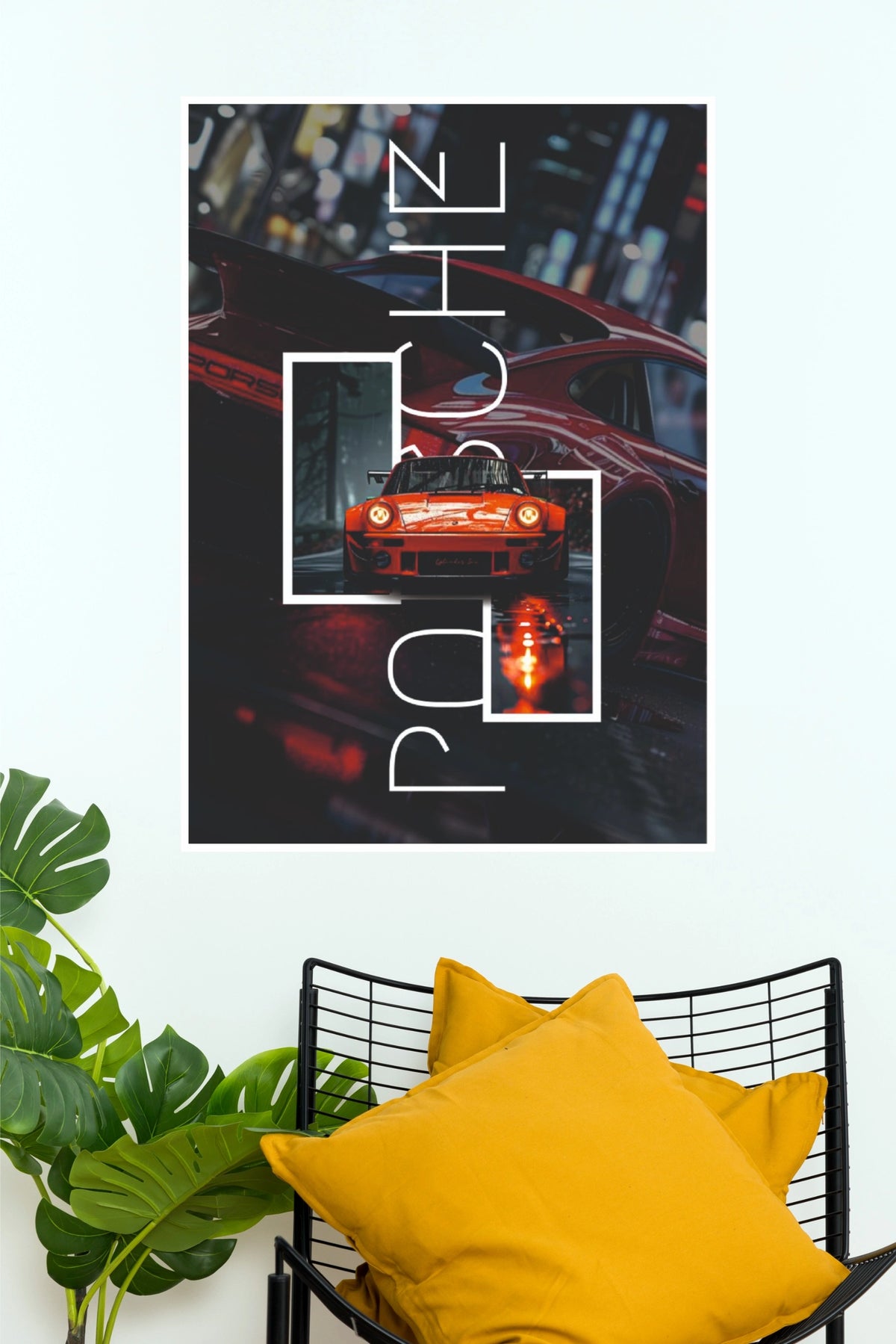 Porsche Red Night Street Aesthetic Car Wall Art Paper Poster (Car Posters)