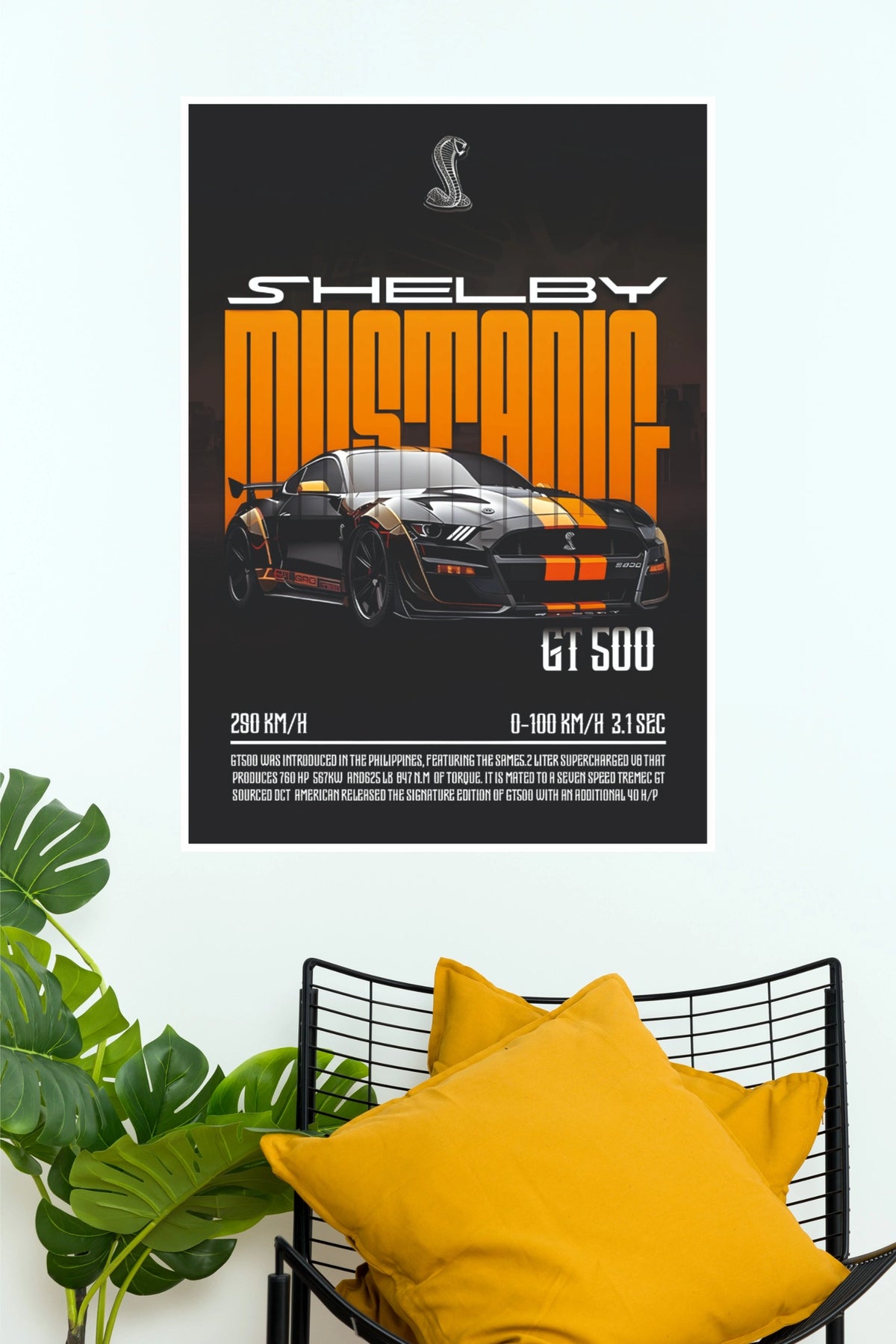 Shelby Mustang GT500 Black and Orange Muscle Car Wall Art Paper Poster (Car Posters)