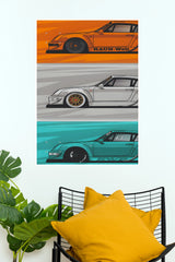 Porsche RWB Triple Color Panel Sports Car Wall Art Paper Poster (Car Posters)