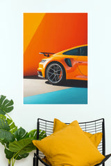 Porsche 911 Orange and Blue Abstract Minimalist Sports Car Wall Art Paper Poster (Car Posters)
