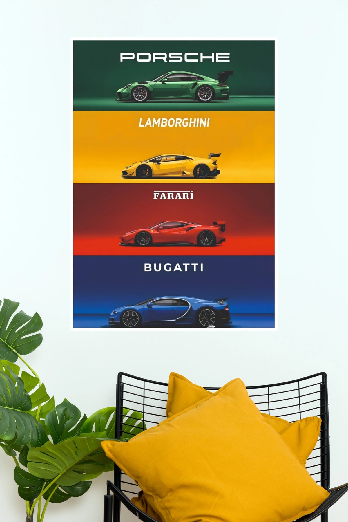 Four Supercars Porsche Lamborghini Ferrari Bugatti Wall Art Paper Poster (Car Posters)