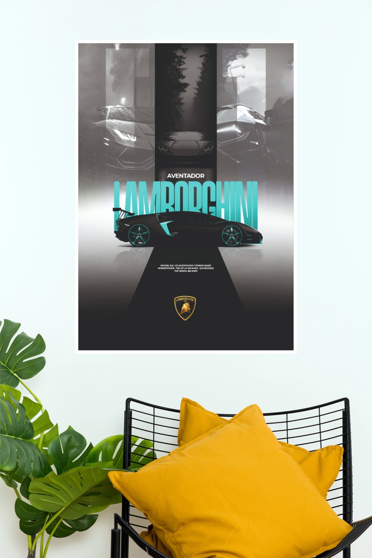 Lamborghini Aventador Black and Cyan Supercar Wall Art Paper Poster (Car Posters)