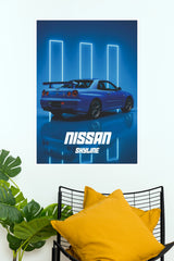 Nissan Skyline Blue Neon Aesthetic JDM Sports Car Wall Art Paper Poster (Car Posters)
