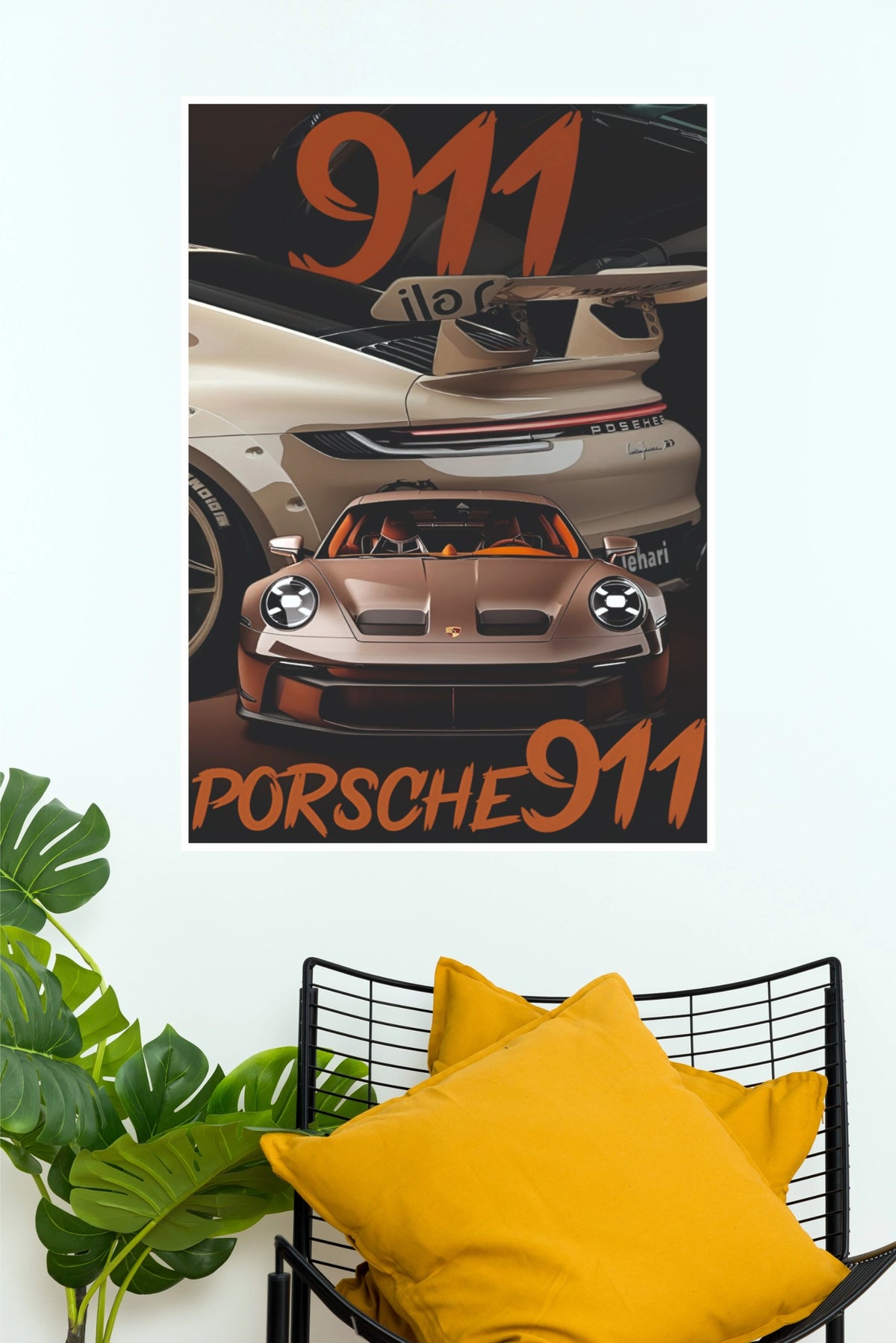 Porsche 911 Bronze and Orange Sports Car Wall Art Paper Poster (Car Posters)