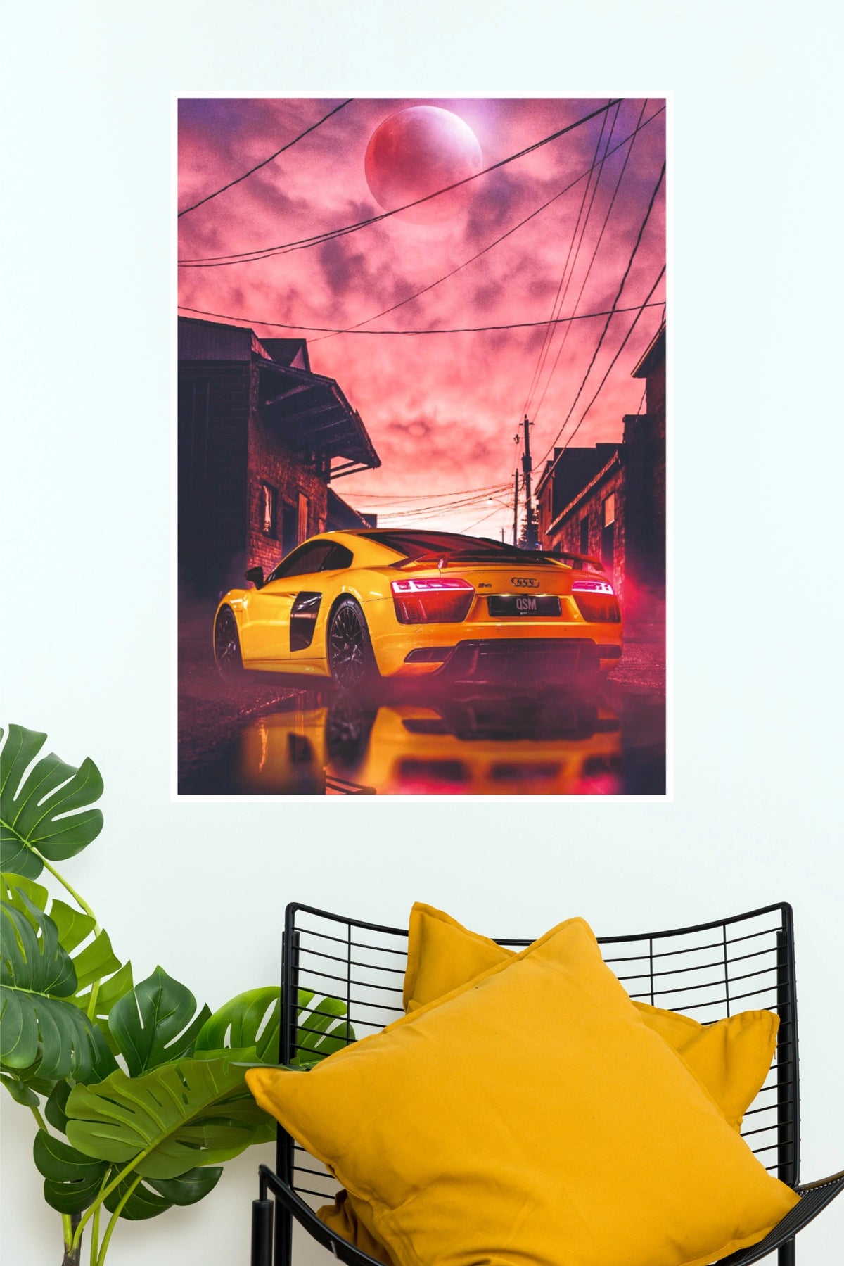 Yellow Audi R8 Supercar Red Sky Aesthetic Paper Poster Wall Art (Car Posters)