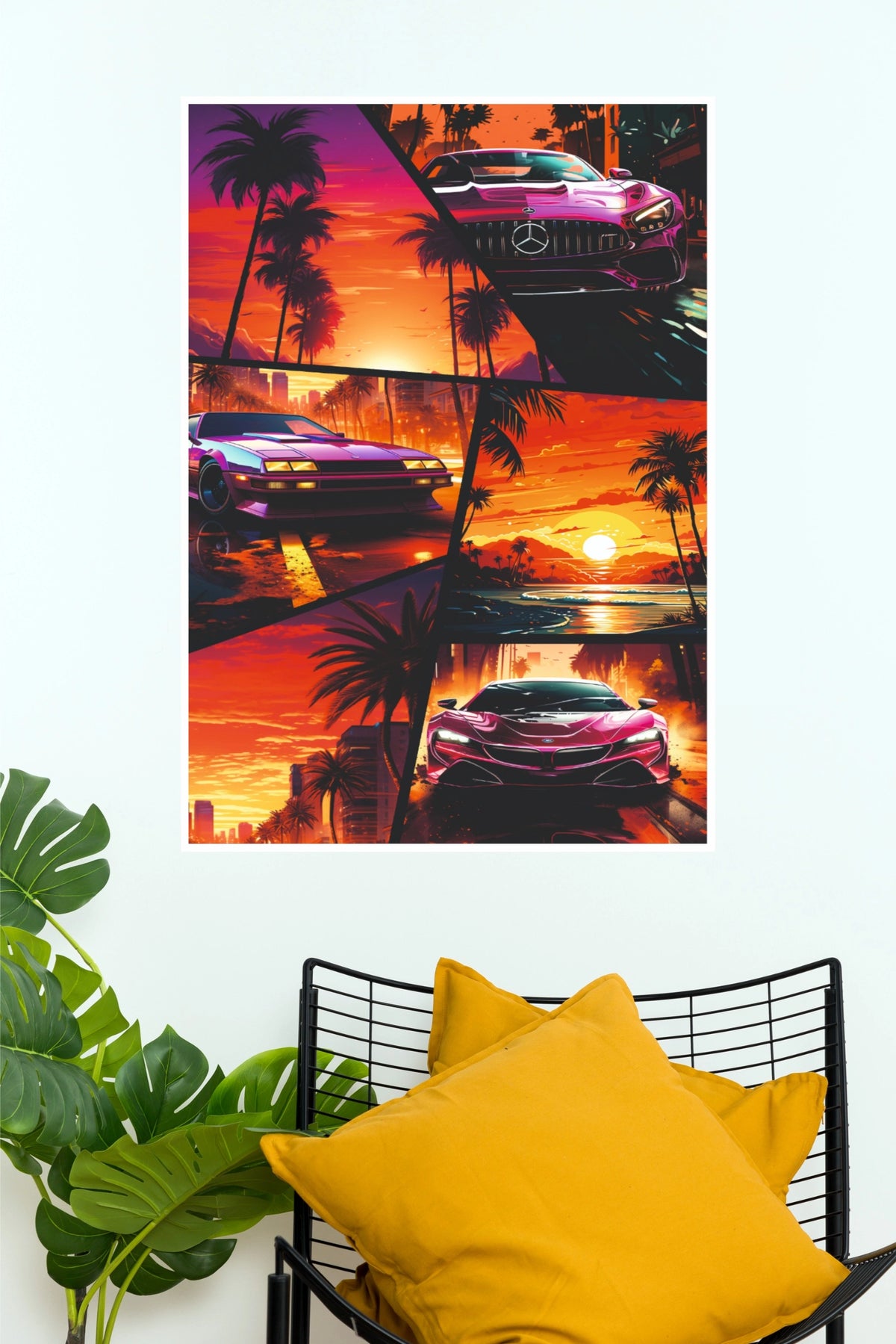 Retro Synthwave Sunset Supercars Collage Paper Poster Wall Art (Car Posters)
