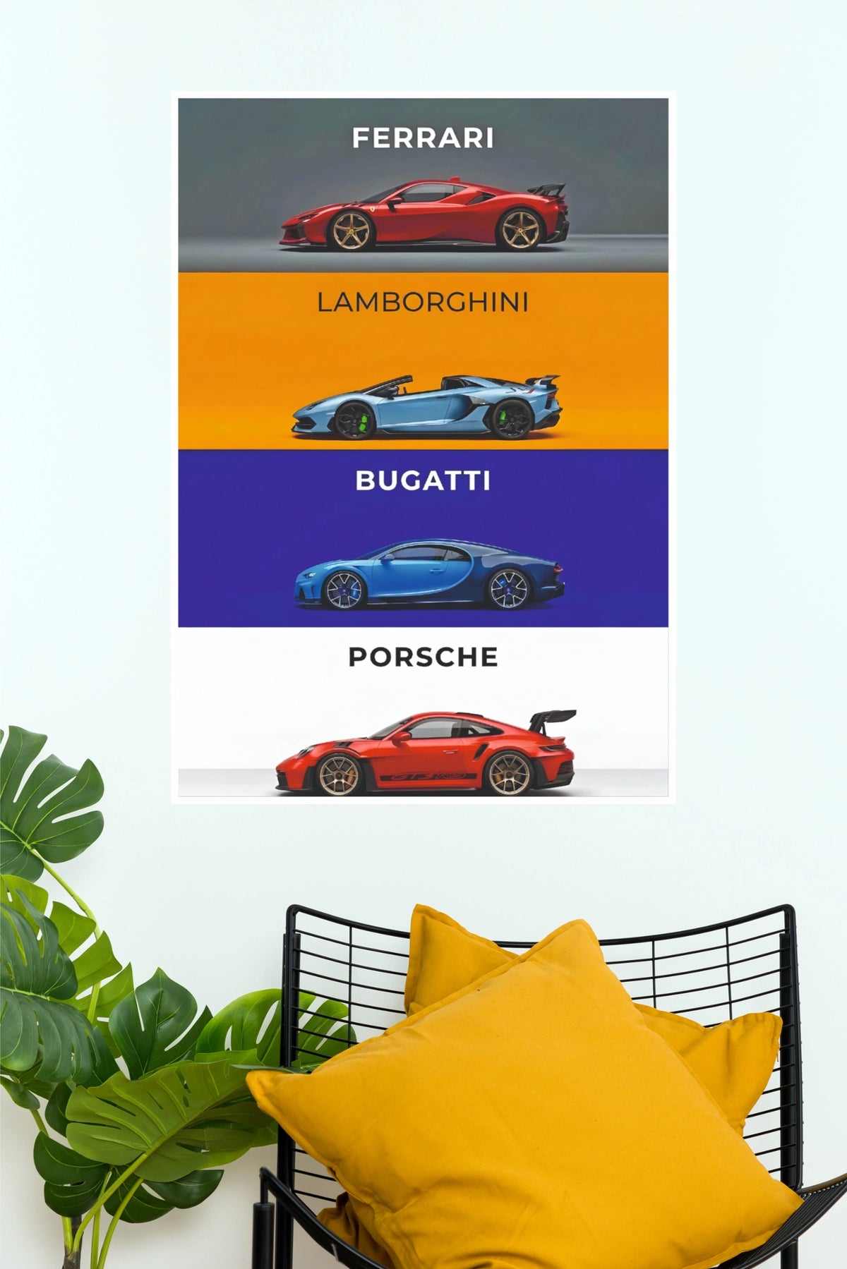 Ferrari Lamborghini Bugatti Porsche Supercars Collage Paper Poster Wall Art (Car Posters)