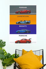 Ferrari Lamborghini Bugatti Porsche Supercars Collage Paper Poster Wall Art (Car Posters)