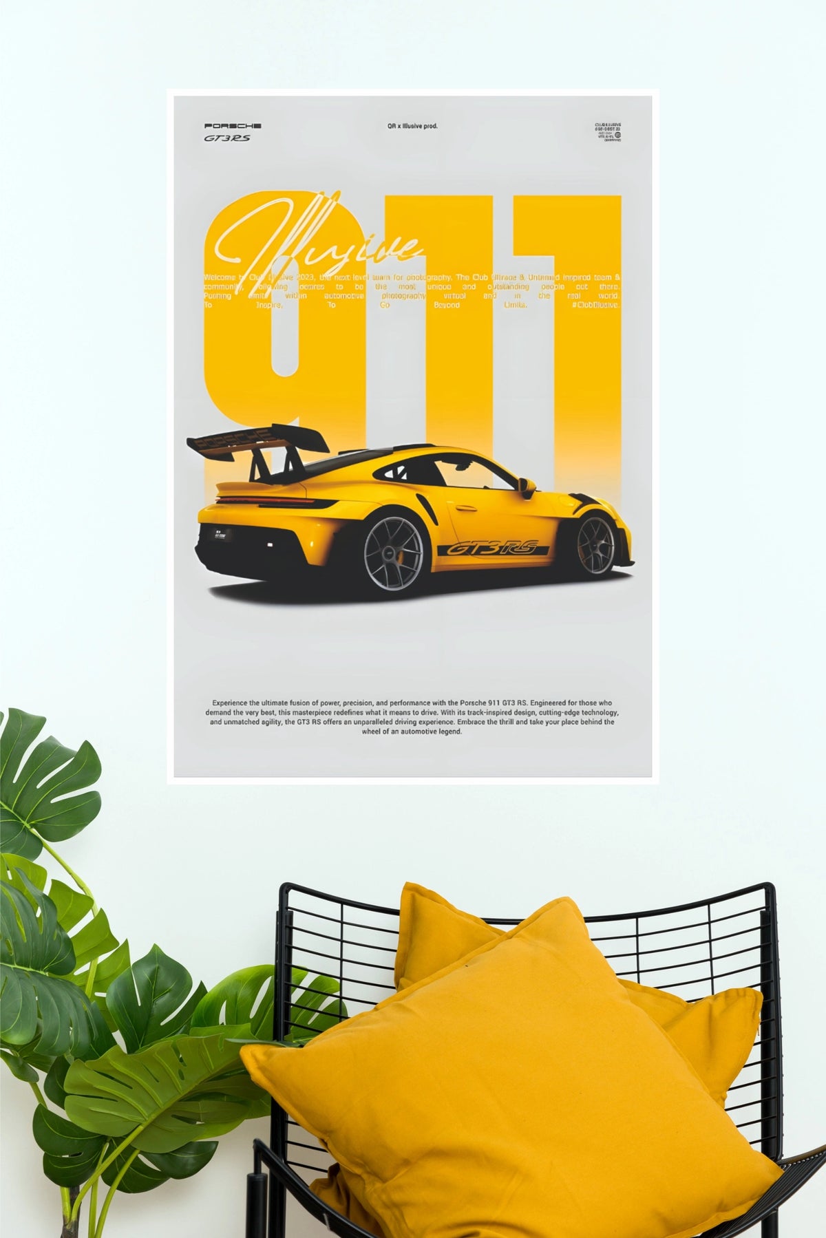 Yellow Porsche 911 GT3 RS Sports Car Paper Poster Wall Art (Car Posters)