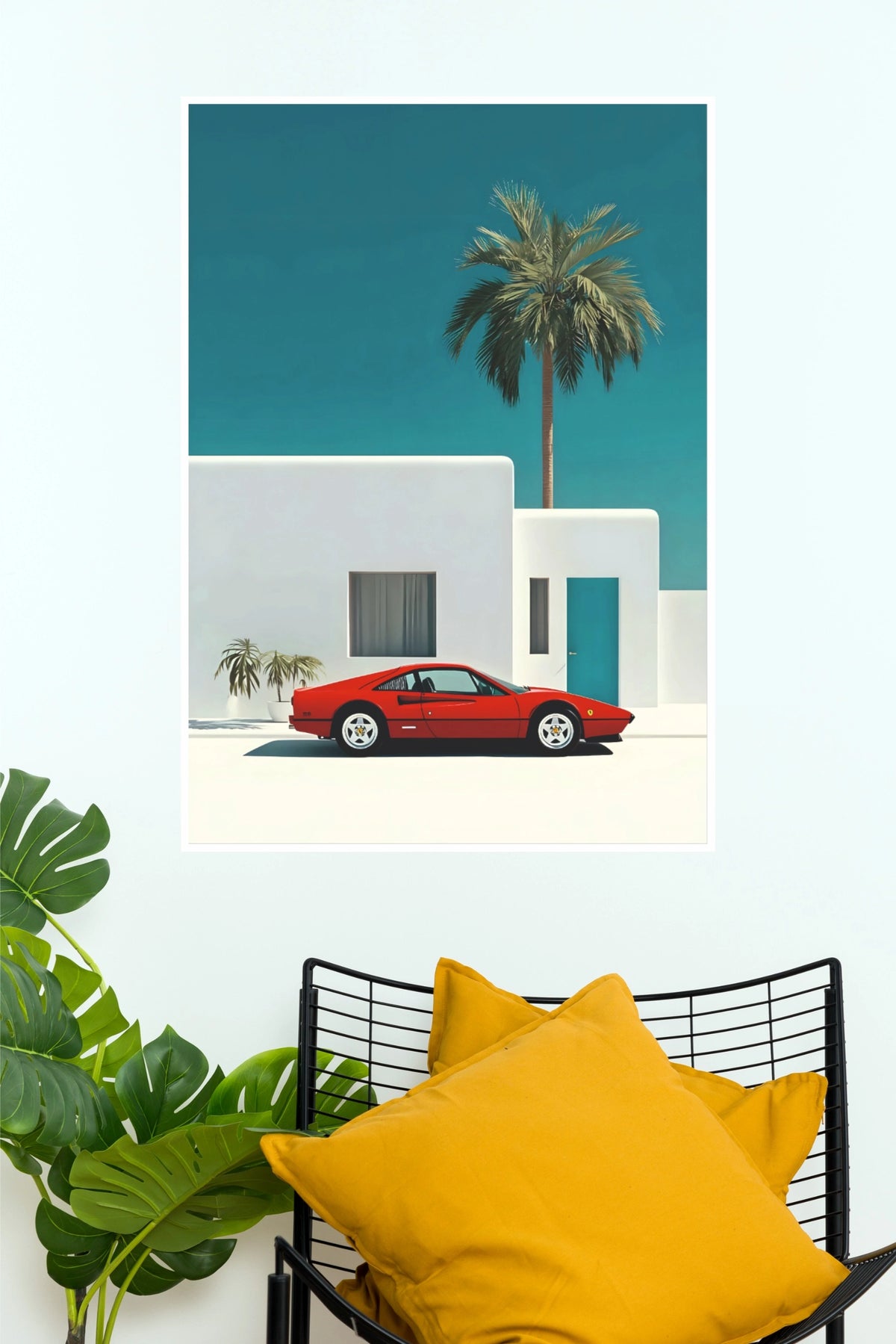 Red Sports Car and Palm Tree Architecture Paper Poster | Tropical Retro Car Wall Art (Car Posters)