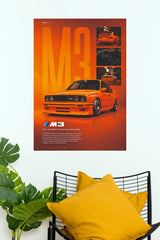 BMW E30 M3 Orange Edition Sports Car Poster | JDM Wall Art (Car Posters)