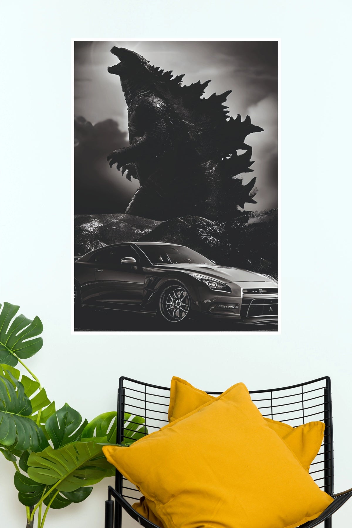 Godzilla and Nissan GT-R Black and White Wall Art Poster  (Car Posters)